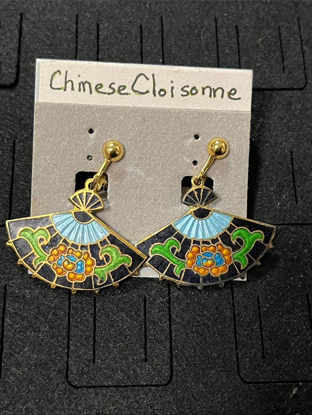 Cloisonné Fan Drop Earrings in Blue, Green & Gold